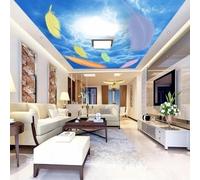 Mural autoadhesivo 3D para techo con diseño de sol, cielo azul, nubes blancas y plumas; papel pintado para la decoración del techo del salón y el dormitorio