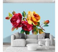 Mural botánico rojo amarillo rosa 200 x 140 cm papel pintado fotográfico 3D no tejido acuarela póster mural para sala de estar, dormitorio, TV sofá, fondo de pared familiar decoración artística