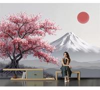 Mural Cerezos En Flor, Montañas Y Sol Rojo. 250 X 175 Cm Murales Decorativos Pared Estilo Japonés Ukiyo-E Papel Pintado, Moderno Decoración De Paredes Para Salón Dormitorio Pasillo Comedor