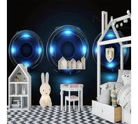 Mural con temática tecnológica, papel tapiz negro estilo punk con aberturas - Decoración de pared para sala de estar o habitación infantil, 300 cm x 210 cm, pegatinas - Cuadro sin marco - Póster