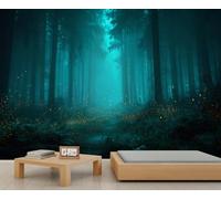 Mural de bosque encantado verde con decoración de bosque oscuro, para dormitorio, sala de estar, sofá, TV, mural, decoración de pósteres, 250 x 175 cm