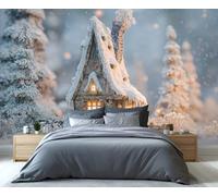 Mural de cabaña nevada mágica - Arte de pared de hogar de cuento de hadas escarchado y bosque nevado para sala de estar, papel tapiz de encantador país de las maravillas invernal 100x100cm