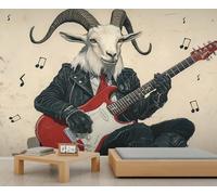 Mural de cabra de roca, papel pintado retro divertido de animales de cabra y guitarra, papel pintado para fiesta de música, murales para dormitorio, oficina, sala de estar, dormitorio, fondo de TV