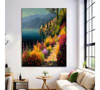 Mural De Camino De Las Flores Sobre Lienzo, Pintura De Pueblo De Estilo Griego, Carteles E Impresiones, Lienzo Turquesa, Imágenes Artísticas De Pared Para Sala De Estar, 80X120Cm, Sin Marco