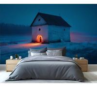 Mural de capilla invernal mística: escena nocturna nevada con puerta iluminada. Arte mural para dormitorio, encantador paisaje helado. 350x250cm (No es autoadhesivo)