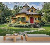 Mural de casa de cuento de hadas con diseño de torre redonda, papel tapiz de pared rural gigante 3D, escala comercial, cafetería, salón, galería (no autoadhesivo)