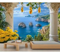 Mural de columnas romanas italianas, papel pintado con flores y plantas verdes para salón, paisaje costero de la Toscana, Italia, 200x140cm (no autoadhesivo).
