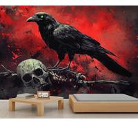 Mural de cuervo, murales de pared de esqueleto, papel tapiz de terror rojo sangre para sala de estar, dormitorio, oficina, hotel, bar, decoración de techo, 280 x 200 cm