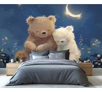 Mural de dos ositos de peluche abrazados bajo la luna y las estrellas, papel pintado infantil con cielo nocturno de ensueño, decoración de pared para dormitorio infantil que enternece el alma.