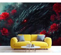 Mural de dragón negro, papel pintado de dragón rojo con rosas rojas, romántico y misterioso, mural de pared gigante para el hogar, sala de estar, comedor, decoración de pared (no autoadhesivo)