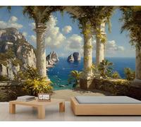 Mural de edificio europeo, papel pintado de columnas romanas italianas, papel pintado retro para sala de estar, murales de pared de paisaje italiano, 350 x 254 cm (no se despega)