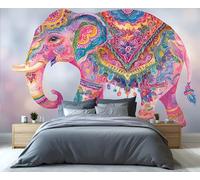 Mural de elefante mandala bohemio: tonos vibrantes y patrones intrincados. Arte mural para sala de estar, papel tapiz artístico ecléctico. 400x280cm (No es autoadhesivo)