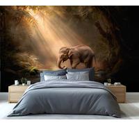 Mural de elefante místico de la jungla: arte mural de selva tropical iluminada por el sol y majestuoso paquidermo para la sala de estar, papel tapiz de escape de vida salvaje encantador 250x195cm