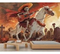 Mural de Esqueleto del Día de Muertos Estilo Western Papel Tapiz del Día de Muertos Mural de Guitarra Calavera Vaquero Caballo Blanco para Dormitorios Sala de Estar Póster de 490 X 350 cm