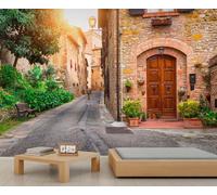 Mural de estilo toscano de Italia con calle de ciudad angosta, empedrado, papel pintado para pared, área histórica con rica arquitectura toscana, papel de pared para jardín, arbusto, papel de pared