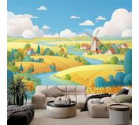 Mural de fotos Papel pintado 500 x 280 cm Molino De Viento Campo De Trigo No Tejido Cuadros Póster De Pared,Escena De Campo De Dibujos Animados Papel pintado Panorámico Sala De Casa Tentura Piso