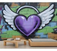 Mural de graffiti de 350 x 254 cm, papel tapiz de alas de amor, color morado, para sala de estar, decoración del hogar (no se pela y pega)