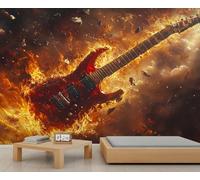 Mural de guitarra eléctrica en llamas, papel tapiz de guitarra explosiva, mural de pared de música rock, póster comercial de hotel, papel pintado personalizado, póster panorámico masivo (no