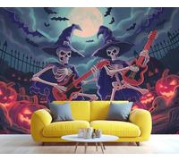 Mural de Halloween con bruja esqueleto, arte de pared para una noche espeluznante con calabazas y murciélagos, ideal para sala de estar o dormitorio. Decoración divertida para fiestas. 100x100cm