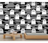 Mural de Halloween con diseño de fantasmas espeluznantes, papel tapiz blanco y negro, papel pintado a rayas para niñas, murales para dormitorio, sala de estar, póster de 450 x 300 cm