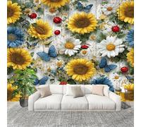 Mural de Interior Fotomurales 200x140 cm Girasol Mariposa Veta de Madera Tejido No Tejido Fotomurales Papel Pintado Multicolor Pared Panorámico para Dormitorio Salón TV Pared Murales Póster
