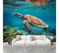 Mural de Interior Fotomurales 250x175 cm OcéAno Tortuga Marina Fondo Marino Tejido No Tejido Fotomurales Papel Pintado Azul Pared Panorámico para Dormitorio Salón TV Pared Murales Póster