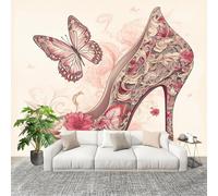 Mural de Interior Fotomurales 350x256 cm SoñAdor Mariposas Flores Tacones Altos Tejido No Tejido Fotomurales Papel Pintado Rosa Pared Panorámico para Dormitorio Salón TV Pared Murales Póster