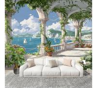 Mural de Interior Fotomurales 400x280 cm Terraza de Estilo Europeo Con Vistas Al Mar Tejido No Tejido Fotomurales Papel Pintado Arte Pared Panorámico para Dormitorio Salón TV Pared Murales Póster