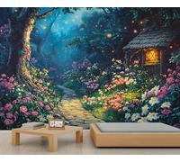 Mural de jardín nocturno con un bosque florido y una cabaña, ideal para crear un hogar de ensueño. 200x140cm (No es autoadhesivo)