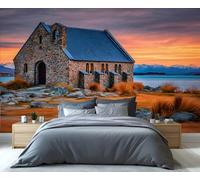 Mural de la Iglesia del Buen Pastor en el lago Tekapo: Impresionante atardecer en Nueva Zelanda con los Alpes del Sur. Ideal para decorar dormitorios y salas de estar. 280x200cm (No es autoadhesivo)