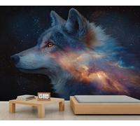 Mural de lobo de nebulosa con diseño de campo estelar de animales cósmicos, papel tapiz oscuro para dormitorios y sala de estar, 390 x 260 cm