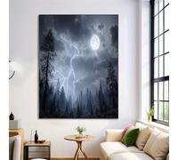 Mural de Luna Llena Relámpagos Lienzo, Pintura de Bosque Tormenta Eléctrica Carteles e Impresiones, Imágenes Artísticas de Pared para Sala, Decoración del Hogar, 70x100cm Sin Marco