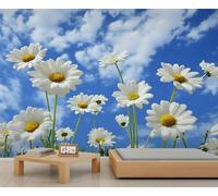 Mural de margaritas, 250 x 175 cm, cielo azul y nubes blancas, papel pintado de paisaje para sala de estar, decoración floral de pared (no se pega y se pega)