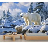 Mural de oso polar con escena de nieve de invierno, papel pintado de animales salvajes, mural panorámico para oficina, recepción, estudio, telón de fondo fotográfico personalizado (no autoadhesivo)
