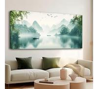 Mural de paisaje chino con montañas asiáticas, sauces verdes, colinas brumosas, estilo tradicional, para dormitorio (45 x 85 cm/18 x 34 pulgadas)