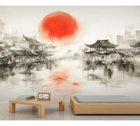Mural de paisaje chino, papel pintado de arquitectura oriental, pintura de tinta, mural panorámico para oficina, recepción, estudio, telón de fondo, papel pintado fotográfico personalizado (no
