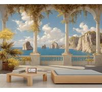 Mural de paisaje costero, papel pintado de columnas romanas italianas, papel pintado europeo para sala de estar, murales de pared de paisaje italiano, 400 x 280 cm (no se despega)