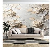 Mural De Papel Pintado No Tejido, 500 × 350 cm Mural De Pared Con Estampado Artístico De Nenúfares Orientales Tallados Y Olas De Agua En Relieve, Ideal Para Fondo De Tv, Sala De Estar O Dormitor