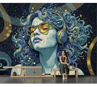 Mural De Papel Tapiz Una Mujer Con Auriculares Cielo Estrellado 300x210cm, Papel Tapiz Fotográfico Realismo Mágico Póster De Decoración De Pared De Dormitorio, Sala De Estar, Mural Seda