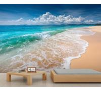 Mural de paraíso costero sereno, arte mural de olas del océano y costa arenosa, ideal para crear un ambiente playero relajante. 250x175cm (No es autoadhesivo)