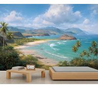 Mural de paraíso costero tropical con escena de océano azul y palmeras, ideal para dormitorio y sala de estar. 300x210cm (No es autoadhesivo)