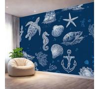 Mural de Pared 150 x 105 cm（WxH, Papel Pintado Vida Marina Navegación Arte Dibujado A Mano Decorativo Azul Oscuro para Salón Dormitorio y Cocina - Papel Adhesivo Removible Gran Formato