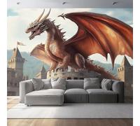 Mural de Pared 200 x 140 cm - diseño Fantasía Castillo Dragón Alas - Papel Pintado No Tejido, Impermeable y Transpirable - Decoración de Pared para Salón, Dormitorio - Color