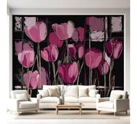 Mural de pared, 200 x 140 cm, papel pintado floral vintage art déco, impermeable, tulipanes rosas y magentas, arte de pared negro para dormitorio, sala de estar, decoración de pared