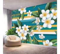 Mural de Pared 200 x 140 cm（WxH, Papel Pintado Tropical Plants Frangipani Stripes Decorativo Blue para Salón Dormitorio y Cocina - Papel Adhesivo Removible Gran Formato