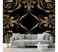 Mural de Pared 350 x 256 cm - diseño Elementos florales Líneas y franjas Elegante - Papel Pintado No Tejido, Impermeable y Transpirable - Decoración de Pared para Salón, Dormitorio - Negro dorado
