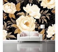 Mural de Pared 350 x 256 cm - diseño Retro Floral Peonía Elegante - Papel Pintado No Tejido, Impermeable y Transpirable - Decoración de Pared para Salón, Dormitorio - Negro blanco