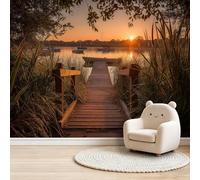 Mural de Pared 350 x 256 cm（WxH,Papel Pintado Efecto Pasarela De Madera Amanecer Junto Al Lago para Salón Dormitorio y Cocina - Removible para Paredes y Muebles y Fácil Naranja