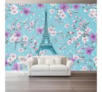 Mural de Pared 350 x 256 cm（WxH, Papel Pintado Romance Flores Torre Eiffel Decorativo Azul para Salón Dormitorio y Cocina - Papel Adhesivo Removible Gran Formato