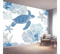 Mural de Pared 350 x 256 cm（WxH, Papel Pintado Tortuga Marina Coral Líneas Decorativo Blanco para Salón Dormitorio y Cocina - Papel Adhesivo Removible Gran Formato